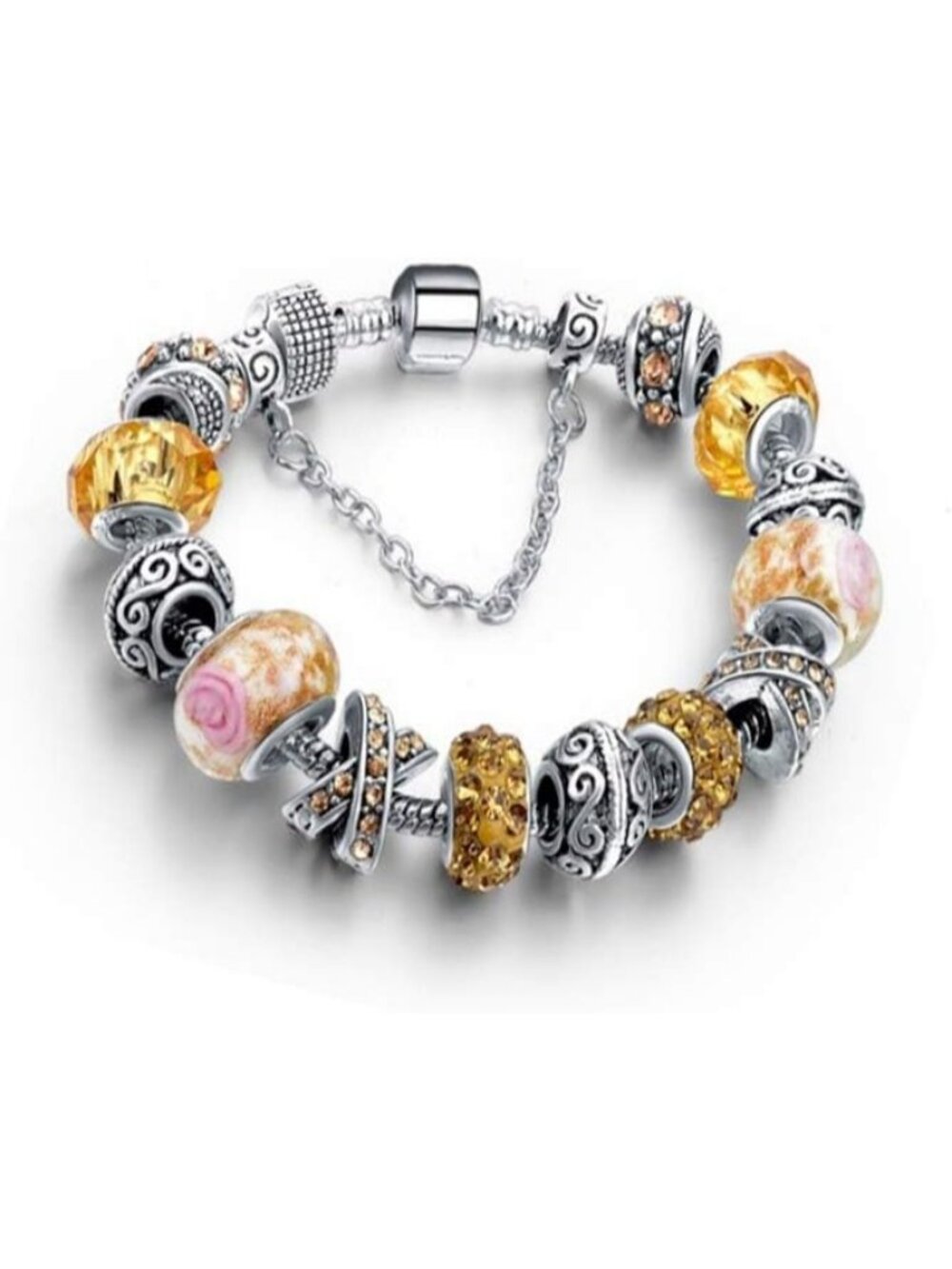 Yellow Charm Bracelet Silver Tone Charm Bracelet Crystal & Murano Glass Beads